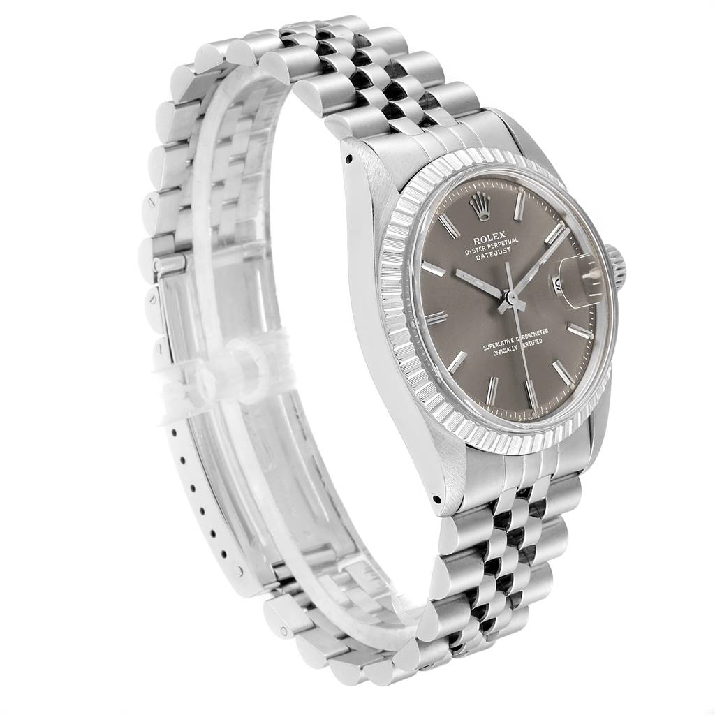 The image shows a side view of a Rolex Vintage Collection 1603 Men
s Stainless Steel Brown Dial 1603 Men
s Stainless Steel Brown Dial model, displaying its face, bezel, and bracelet.