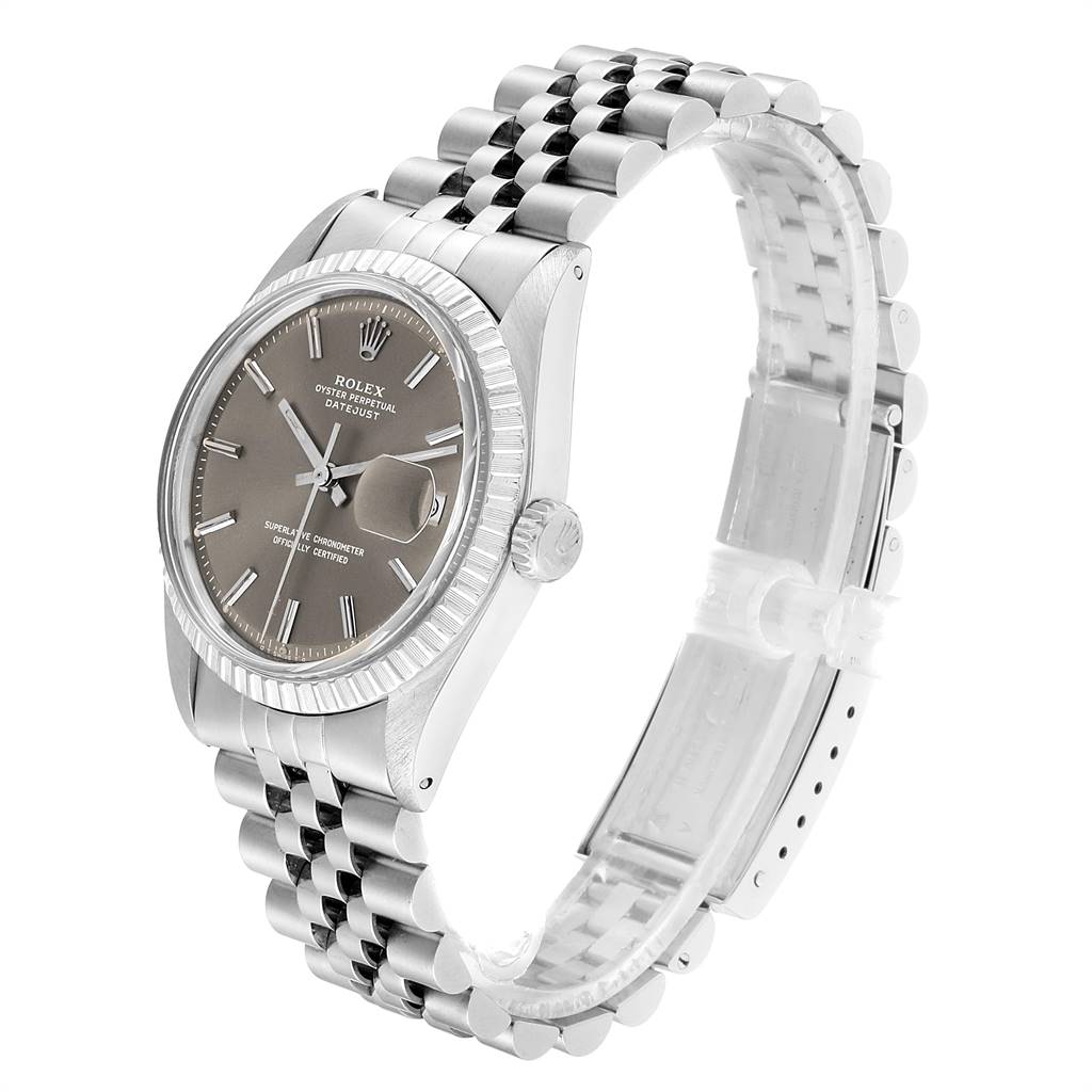 This image shows a side angle view of the Rolex Vintage Collection 1603 Men
s Stainless Steel Brown Dial 1603 Men
s Stainless Steel Brown Dial watch featuring its face, case, crown, and bracelet.