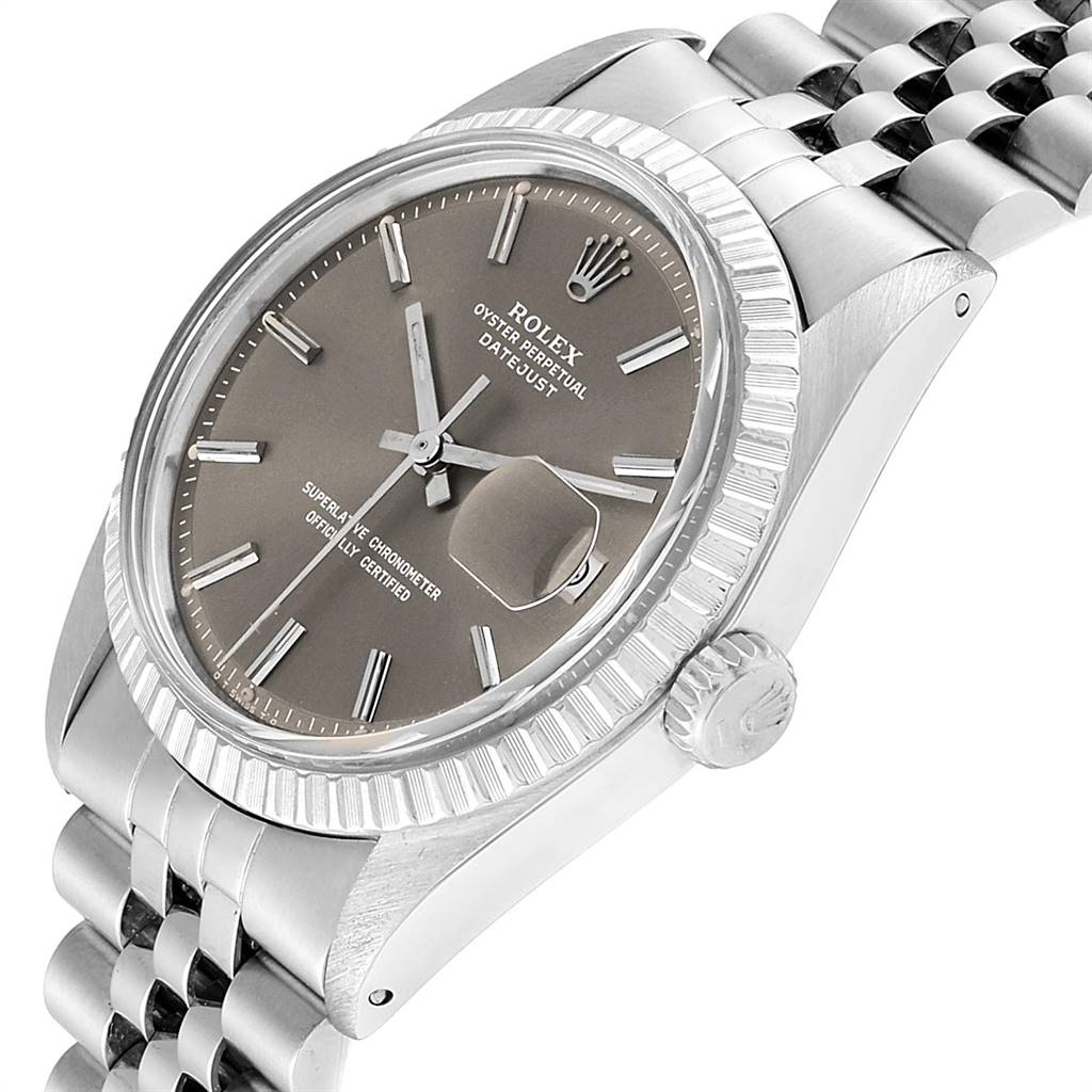 This image shows a side angle of the Rolex Vintage Collection 1603 Men
s Stainless Steel Brown Dial 1603 Men
s Stainless Steel Brown Dial Oyster Perpetual DateJust, highlighting the face, bezel, crown, and part of the bracelet.