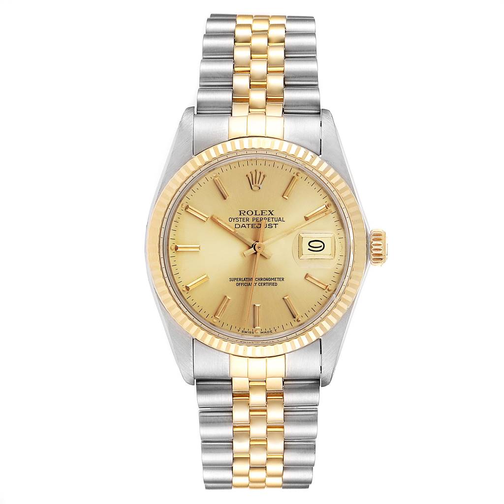 The Vintage Collection Rolex model is shown from a front angle, displaying its dial, bezel, and two-tone jubilee bracelet.