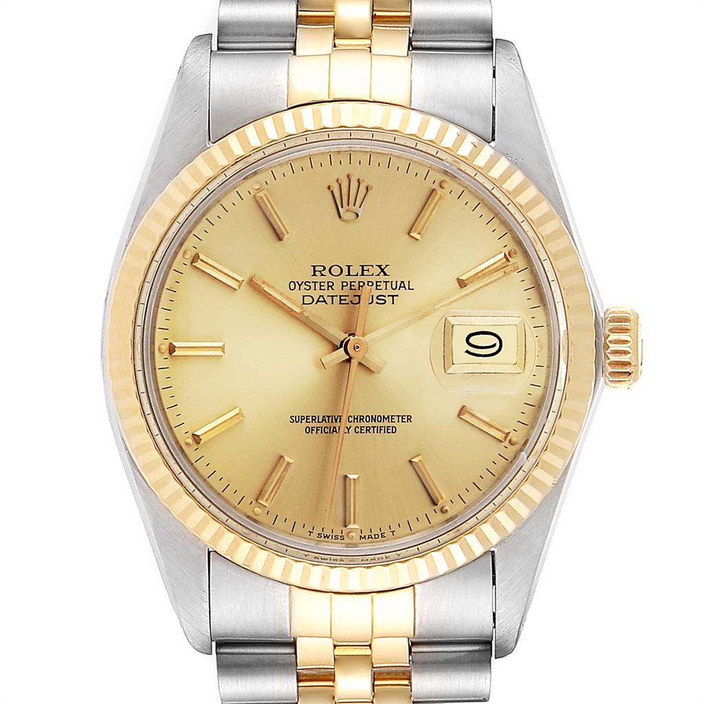 The image shows a front view of the Rolex Vintage Collection 16013 Men's Stainless Steel Champagne Dial 16013 Men's Stainless Steel Champagne Dial Datejust watch, featuring a gold-tone dial, bezel, and a two-tone bracelet.
