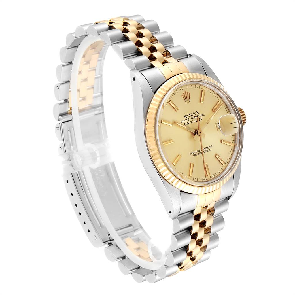 The Rolex Vintage Collection 16013 Men's Stainless Steel Champagne Dial 16013 Men's Stainless Steel Champagne Dial watch is shown at a three-quarter angle, highlighting its face, bezel, and two-tone bracelet.