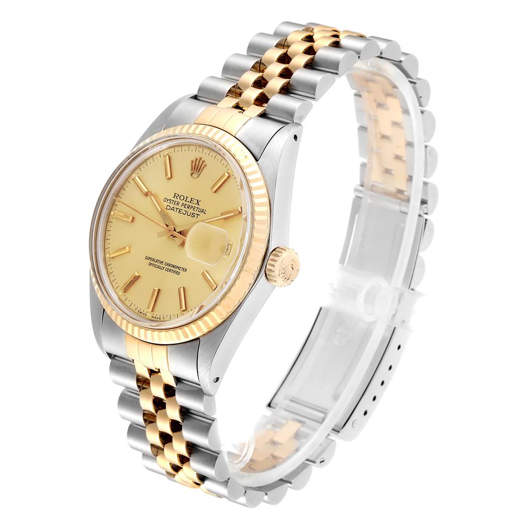 The image shows a Rolex Vintage Collection 16013 Men's Stainless Steel Champagne Dial 16013 Men's Stainless Steel Champagne Dial Datejust model from a front angle, displaying the face, bezel, crown, and part of the bracelet.