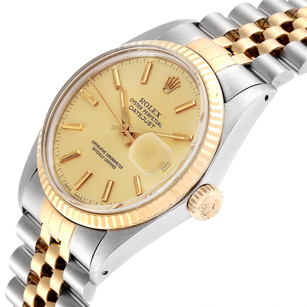 The Rolex Vintage Collection 16013 Men's Stainless Steel Champagne Dial 16013 Men's Stainless Steel Champagne Dial model is shown at an angled view, highlighting the face, bezel, crown, and part of the bracelet.