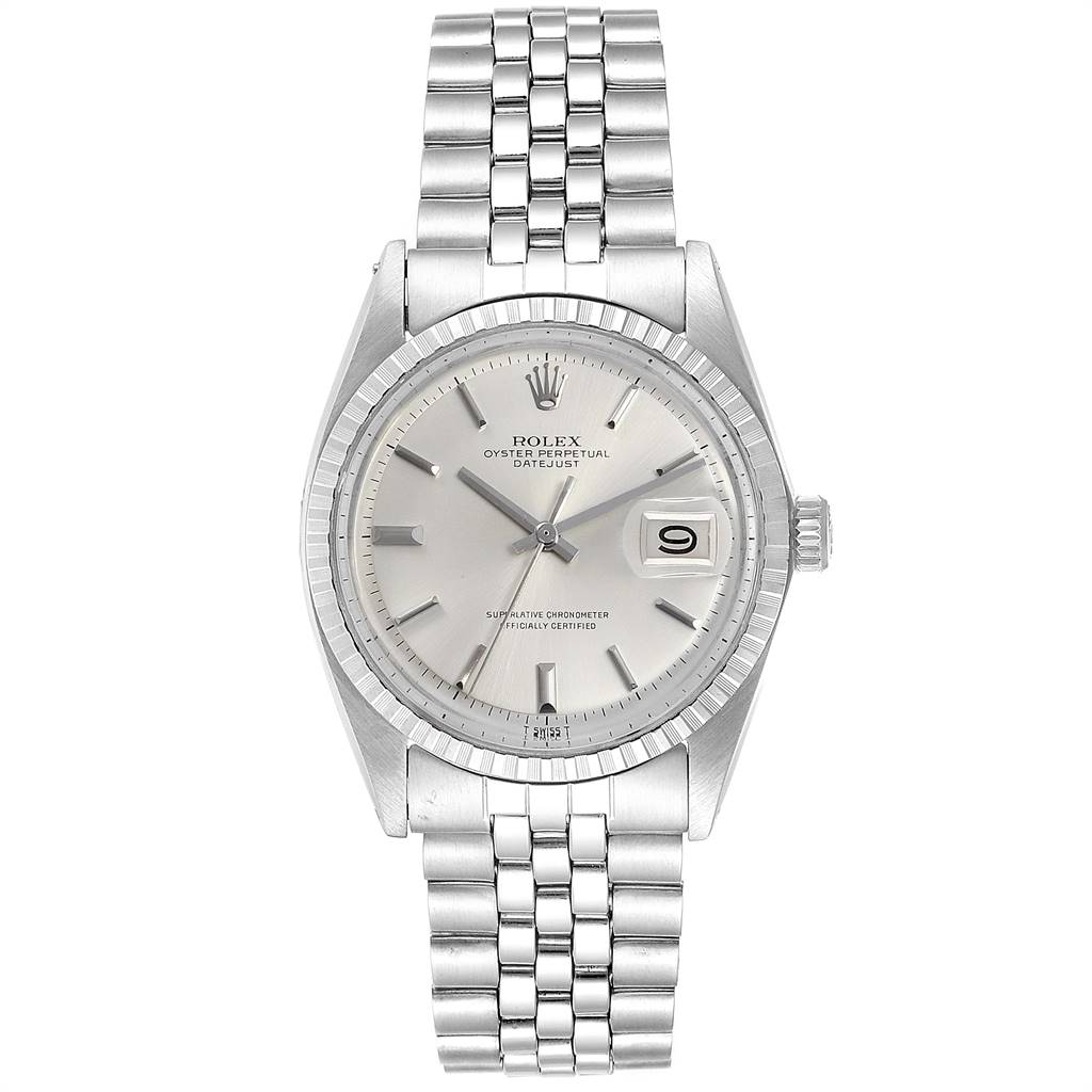 The Rolex Vintage Collection 1603 Men
s Stainless Steel Silver Dial 1603 Men
s Stainless Steel Silver Dial watch is shown from a front angle, displaying the face, bracelet, bezel, crown, and date magnifier.