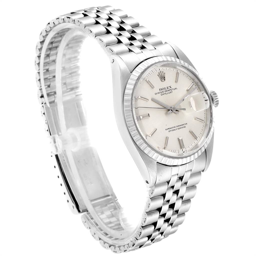 This Rolex Vintage Collection 1603 Men
s Stainless Steel Silver Dial 1603 Men
s Stainless Steel Silver Dial model watch is shown from a front-left angle, displaying its face, bezel, and metal bracelet.