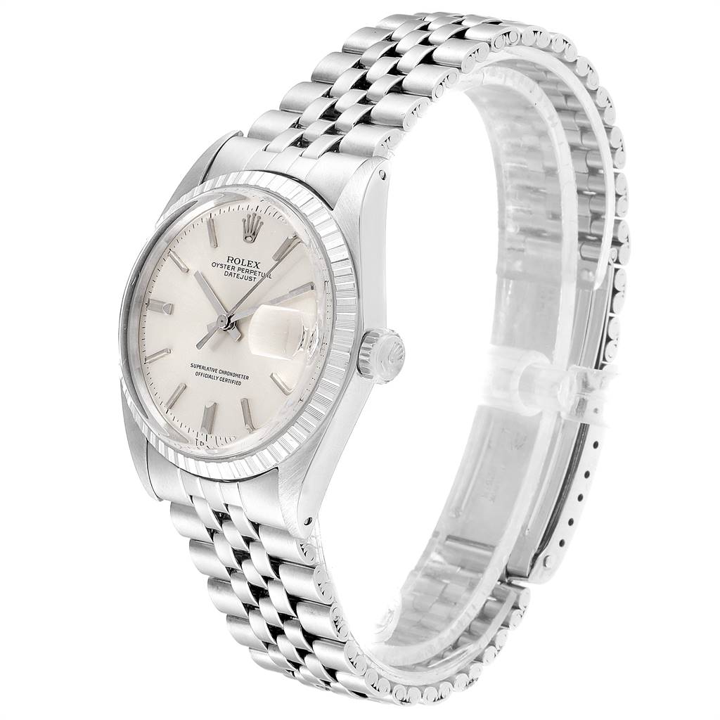 This image shows a Rolex Vintage Collection 1603 Men
s Stainless Steel Silver Dial 1603 Men
s Stainless Steel Silver Dial watch, angled to display the face and band.