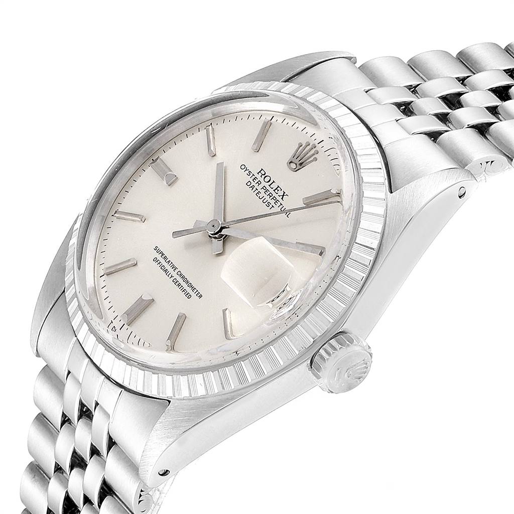 The Rolex Vintage Collection 1603 Men
s Stainless Steel Silver Dial 1603 Men
s Stainless Steel Silver Dial model is shown at an angled close-up, highlighting the dial, bezel, and part of the bracelet.