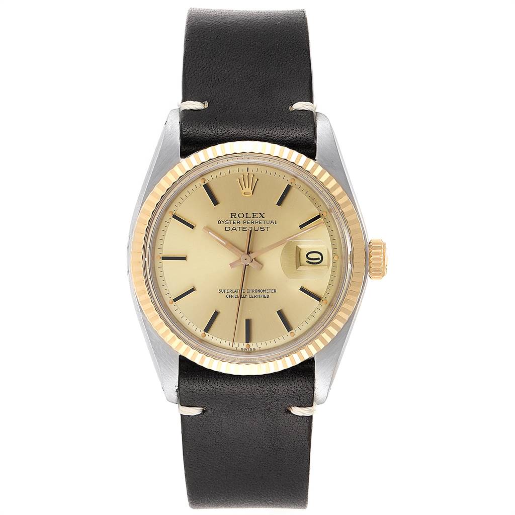 This image shows a front view of the Rolex Vintage Collection 1601 Men
s Steel and Gold (two tone) Champagne Dial 1601 Men
s Steel and Gold (two tone) Champagne Dial Datejust watch, displaying the dial, hands, bezel, and strap.