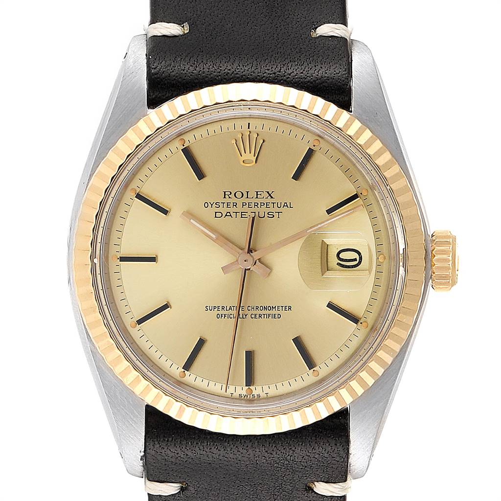 The image shows a front view of the Rolex Vintage Collection 1601 Men
s Steel and Gold (two tone) Champagne Dial 1601 Men
s Steel and Gold (two tone) Champagne Dial Oyster Perpetual Datejust watch with its face, bezel, and part of the strap.