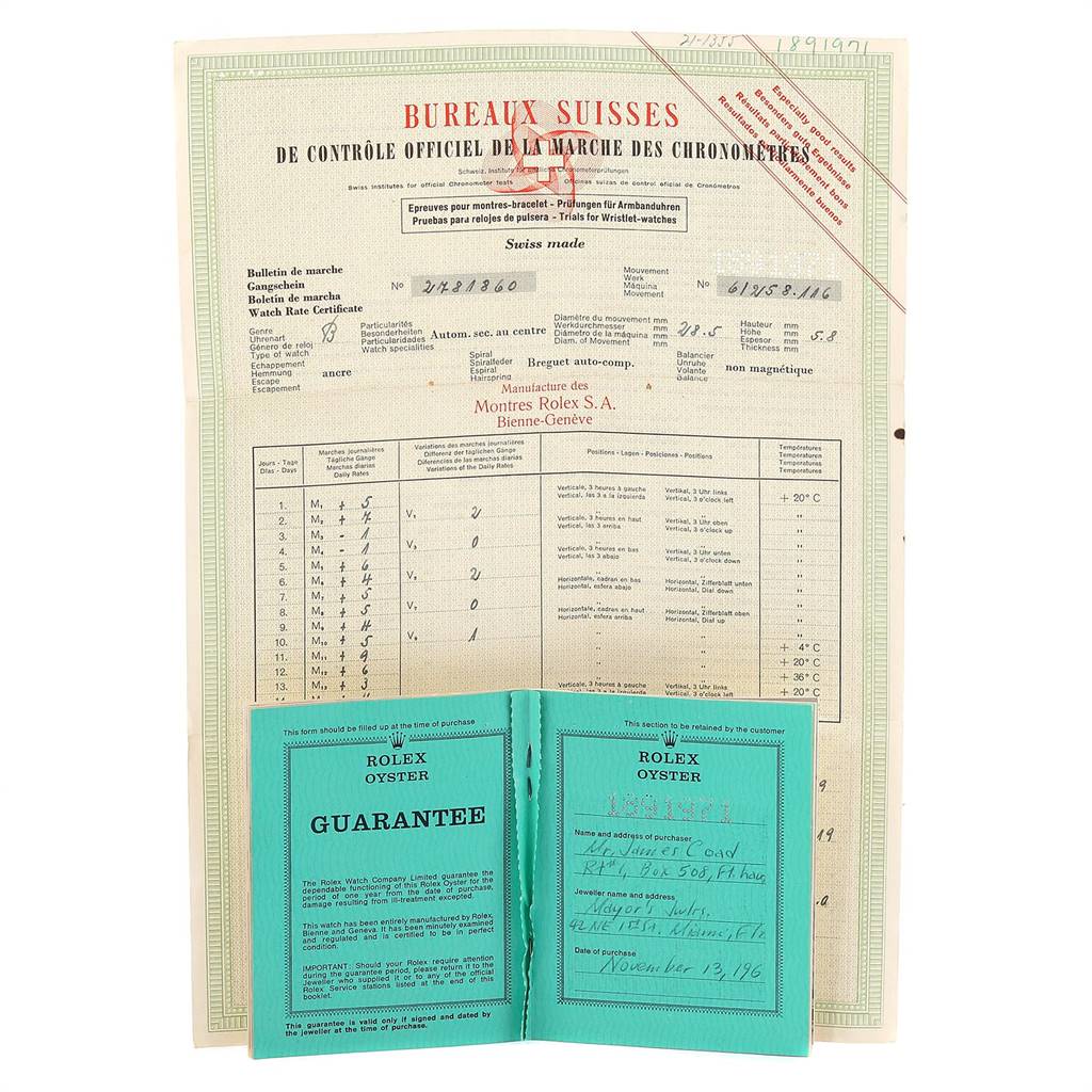 The image shows the official documents and guarantee papers for the Vintage Collection model by Rolex.