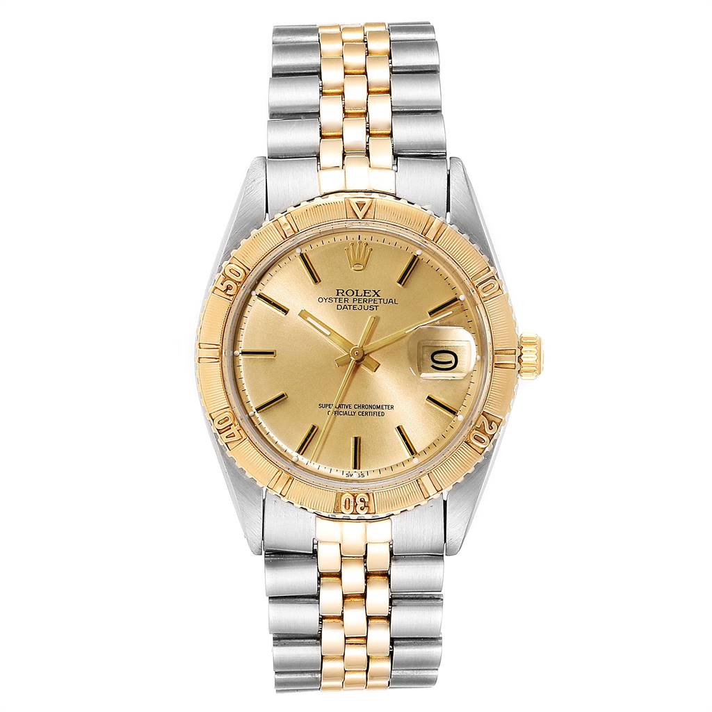The Rolex Vintage Collection 1625 Men
s Steel and Gold (two tone) Champagne Dial 1625 Men
s Steel and Gold (two tone) Champagne Dial watch is shown from a front angle, displaying its face, bezel, and two-tone bracelet.