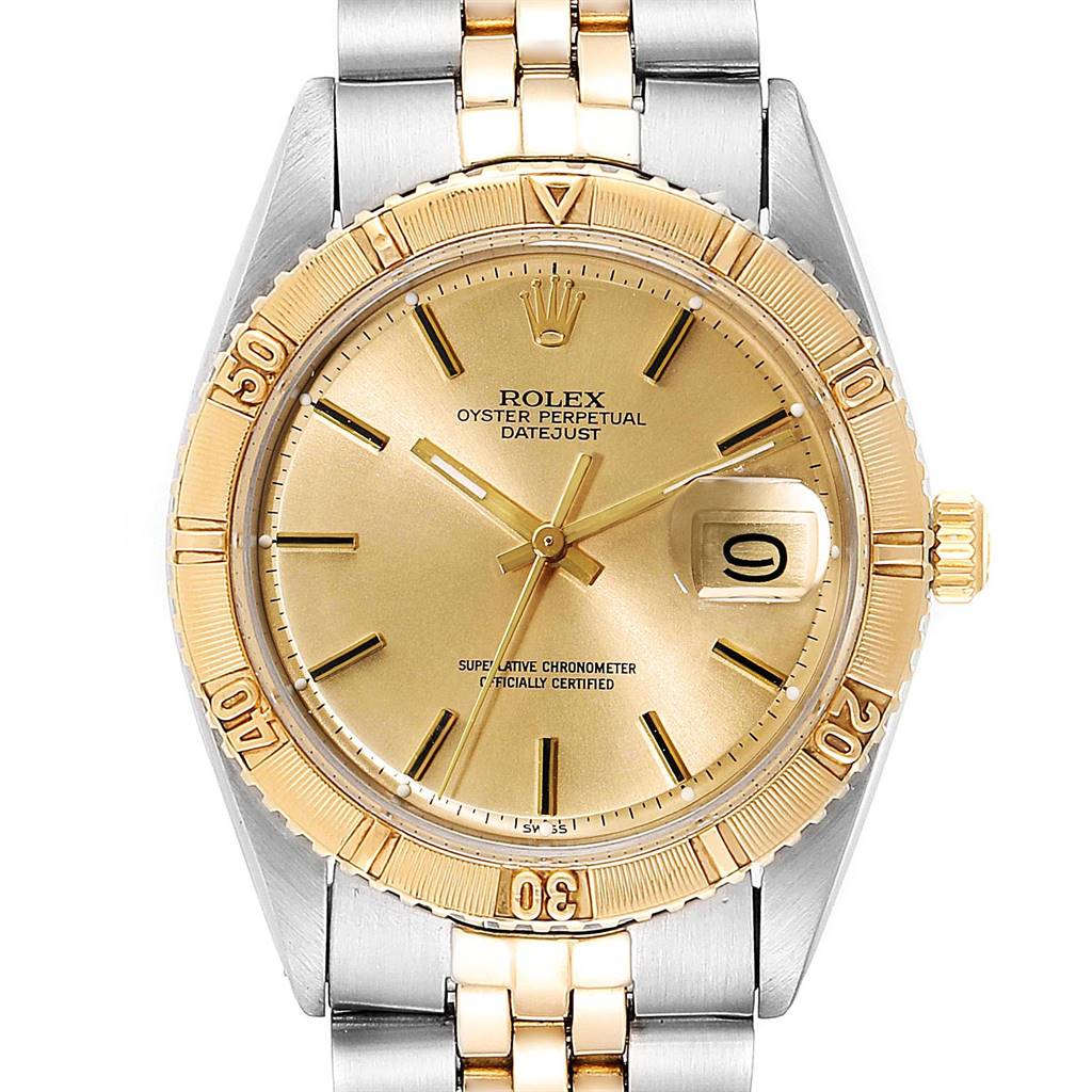 The image shows a Rolex Vintage Collection 1625 Men
s Steel and Gold (two tone) Champagne Dial 1625 Men
s Steel and Gold (two tone) Champagne Dial Oyster Perpetual Datejust watch, featuring its gold dial, bezel, and two-tone bracelet.