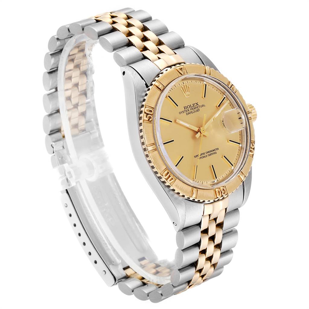 The Rolex Vintage Collection 1625 Men
s Steel and Gold (two tone) Champagne Dial 1625 Men
s Steel and Gold (two tone) Champagne Dial watch is shown from a three-quarter angle, highlighting the dial, bezel, and bracelet.