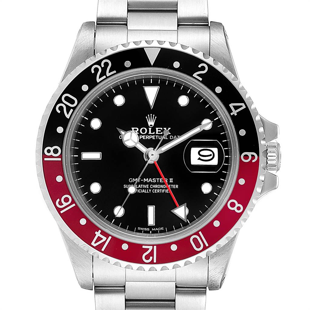 The Rolex Vintage Collection 16760 Men
s Stainless Steel Black Dial 16760 Men
s Stainless Steel Black Dial GMT-Master II watch is shown from the front, displaying its bezel, dial, hands, and bracelet.