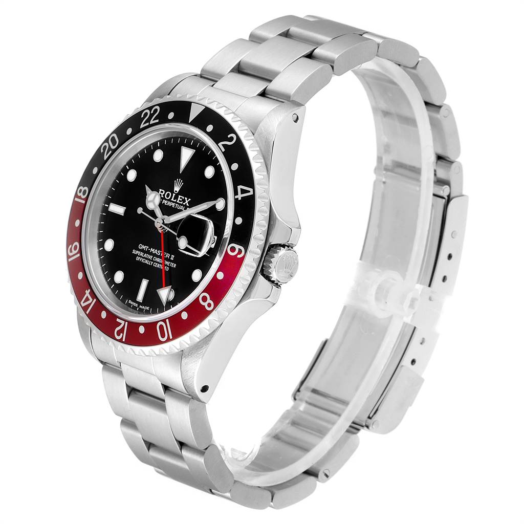 The Rolex Vintage Collection 16760 Men
s Stainless Steel Black Dial 16760 Men
s Stainless Steel Black Dial watch is shown at a slight angle from the right, displaying its black and red bezel, dial, and metal bracelet.
