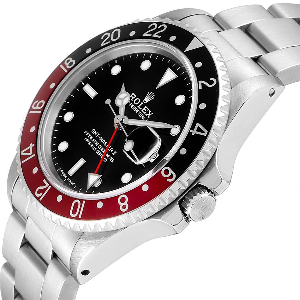 The image shows a Vintage Collection Rolex GMT-Master II watch at an oblique angle, highlighting the bezel, dial, and bracelet.