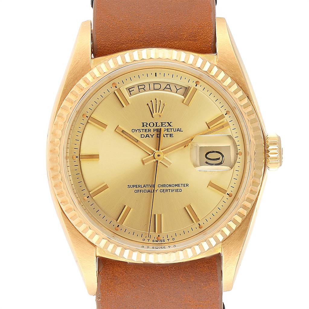 This is a front view of a Rolex Vintage Collection 1803 Men
s Yellow Gold Champagne Dial 1803 Men
s Yellow Gold Champagne Dial model, showing the dial, bezel, crown, and part of the leather strap.