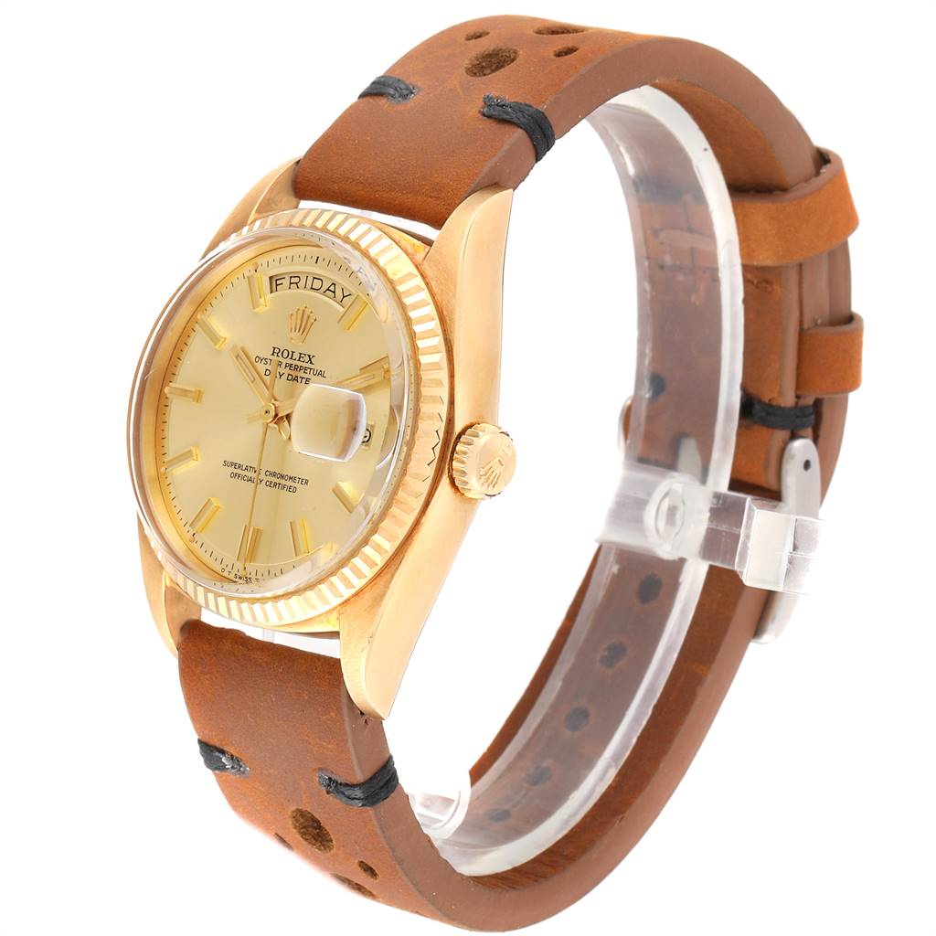 The image shows a Rolex Vintage Collection 1803 Men
s Yellow Gold Champagne Dial 1803 Men
s Yellow Gold Champagne Dial watch from a three-quarter angle, highlighting the dial, case, crown, and leather strap.