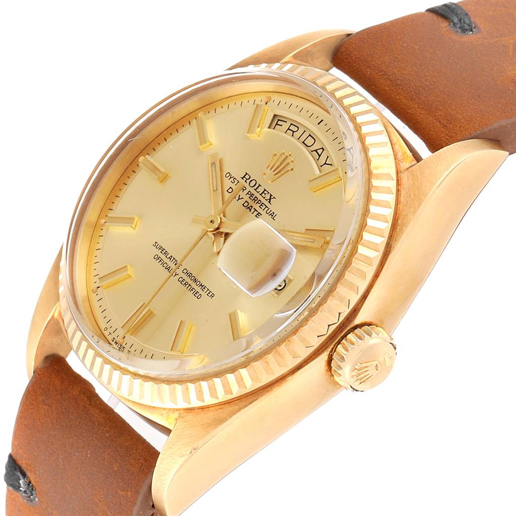 This is an angled view showcasing the face, bezel, and crown of the Rolex Vintage Collection 1803 Men
s Yellow Gold Champagne Dial 1803 Men
s Yellow Gold Champagne Dial watch.