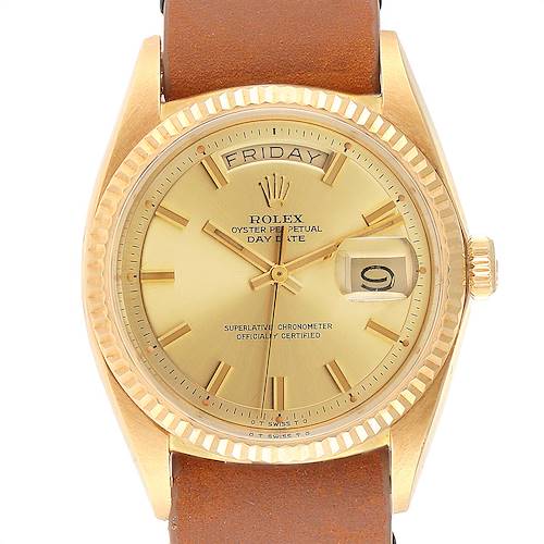 Photo of Rolex President Day-Date Vintage Yellow Gold Brown Strap Mens Watch 1803