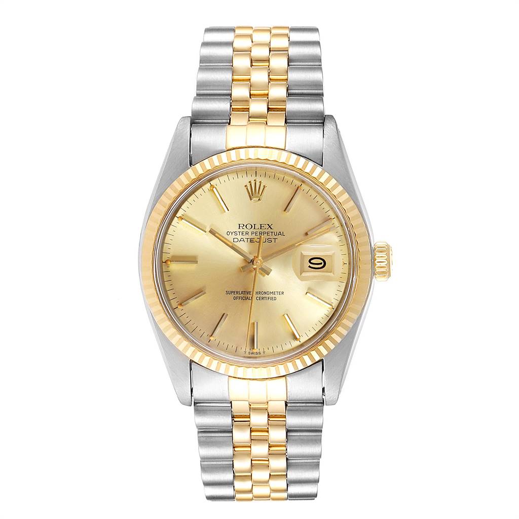 The image shows a front view of the Rolex Vintage Collection 16013 Men's Stainless Steel Champagne Dial 16013 Men's Stainless Steel Champagne Dial Datejust watch, highlighting its gold and silver bracelet and dial.