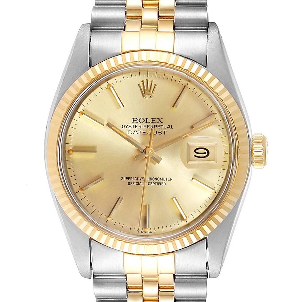 This image shows a Rolex Vintage Collection 16013 Men's Stainless Steel Champagne Dial 16013 Men's Stainless Steel Champagne Dial Oyster Perpetual Datejust watch, including the dial, bezel, crown, and part of the bracelet.