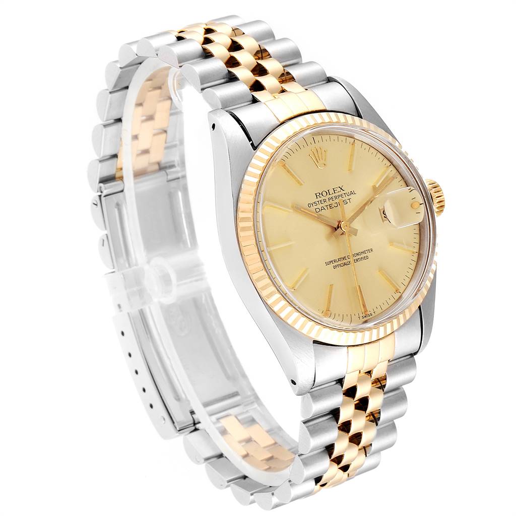 The Rolex Vintage Collection 16013 Men's Stainless Steel Champagne Dial 16013 Men's Stainless Steel Champagne Dial watch is shown at a 3/4 angle, displaying the case, face, bezel, and two-tone bracelet.