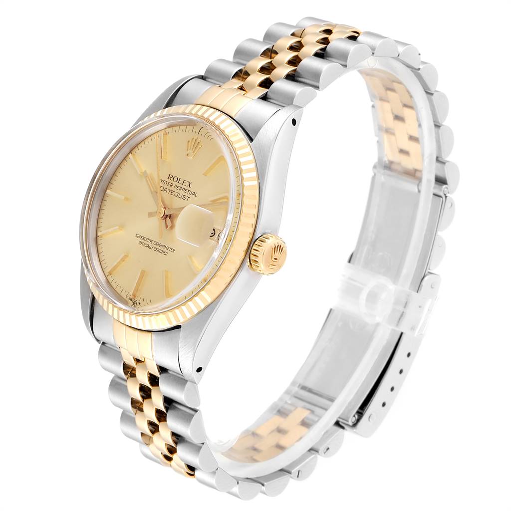 The image shows a side angle of a Rolex Vintage Collection 16013 Men's Stainless Steel Champagne Dial 16013 Men's Stainless Steel Champagne Dial watch, highlighting the bezel, dial, and two-tone bracelet.