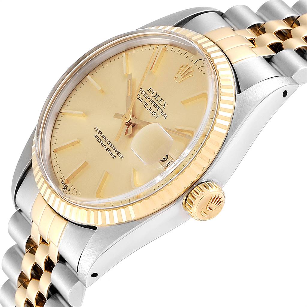 This is a close-up angled view of the Vintage Collection Rolex Datejust watch, showing the dial, bezel, and bracelet.