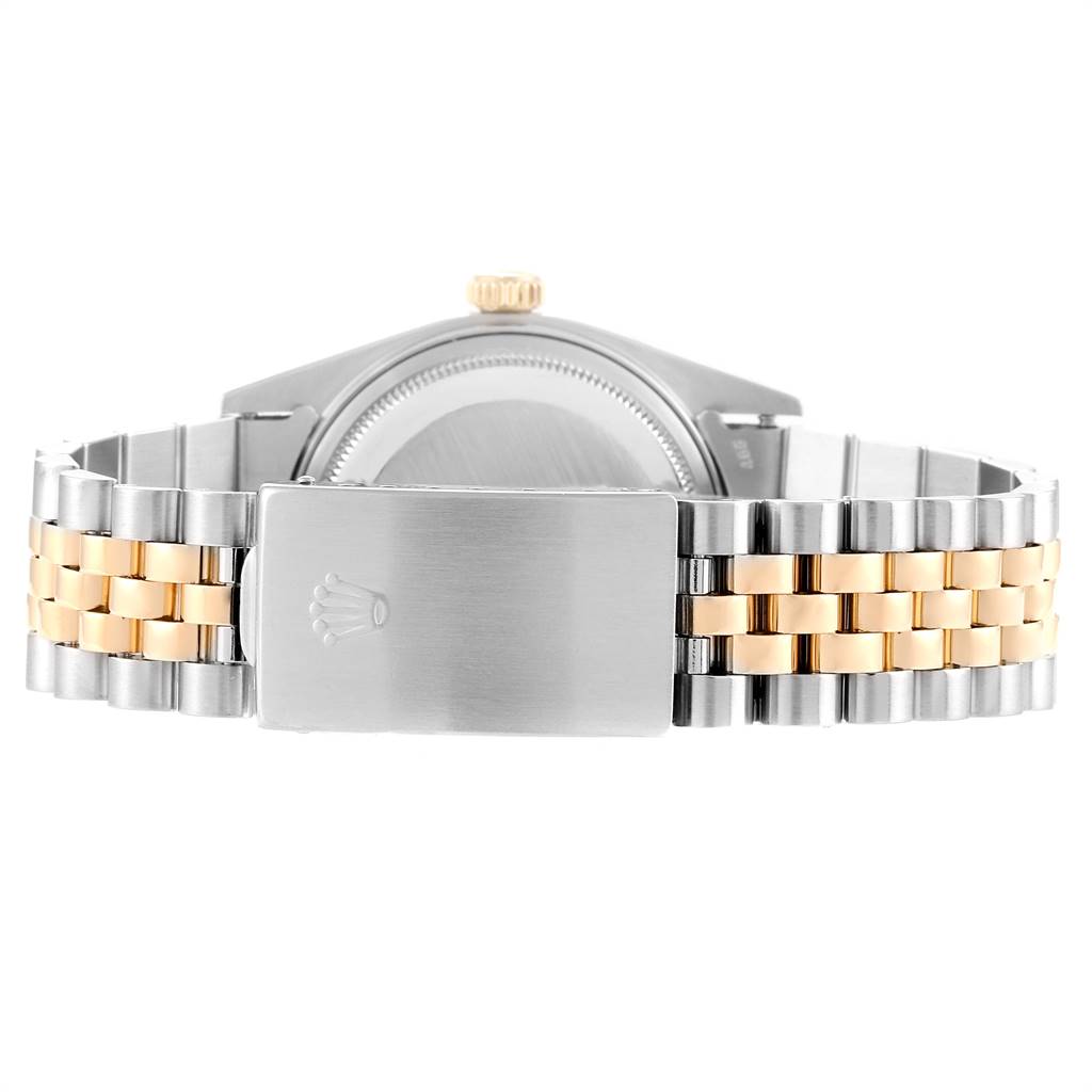 The image shows the back view and clasp of a Rolex Vintage Collection 16013 Men's Stainless Steel Champagne Dial 16013 Men's Stainless Steel Champagne Dial watch, highlighting the two-tone bracelet.