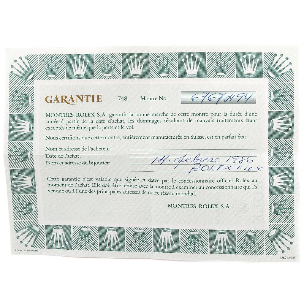 This image shows the warranty card for a Vintage Collection Rolex watch.