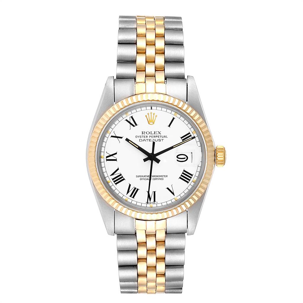 The image shows a front view of a Vintage Collection Rolex Oyster Perpetual Datejust watch, featuring a two-tone metal bracelet and Roman numeral markers.