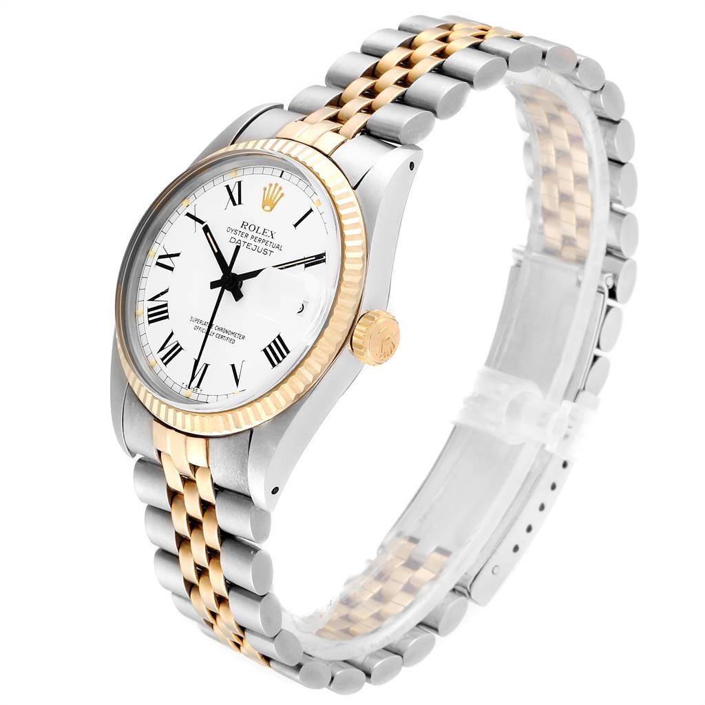 The image shows a side angle of the Rolex Vintage Collection 16013 Men's Stainless Steel White Dial 16013 Men's Stainless Steel White Dial watch, highlighting the dial, bezel, crown, and part of the bracelet.