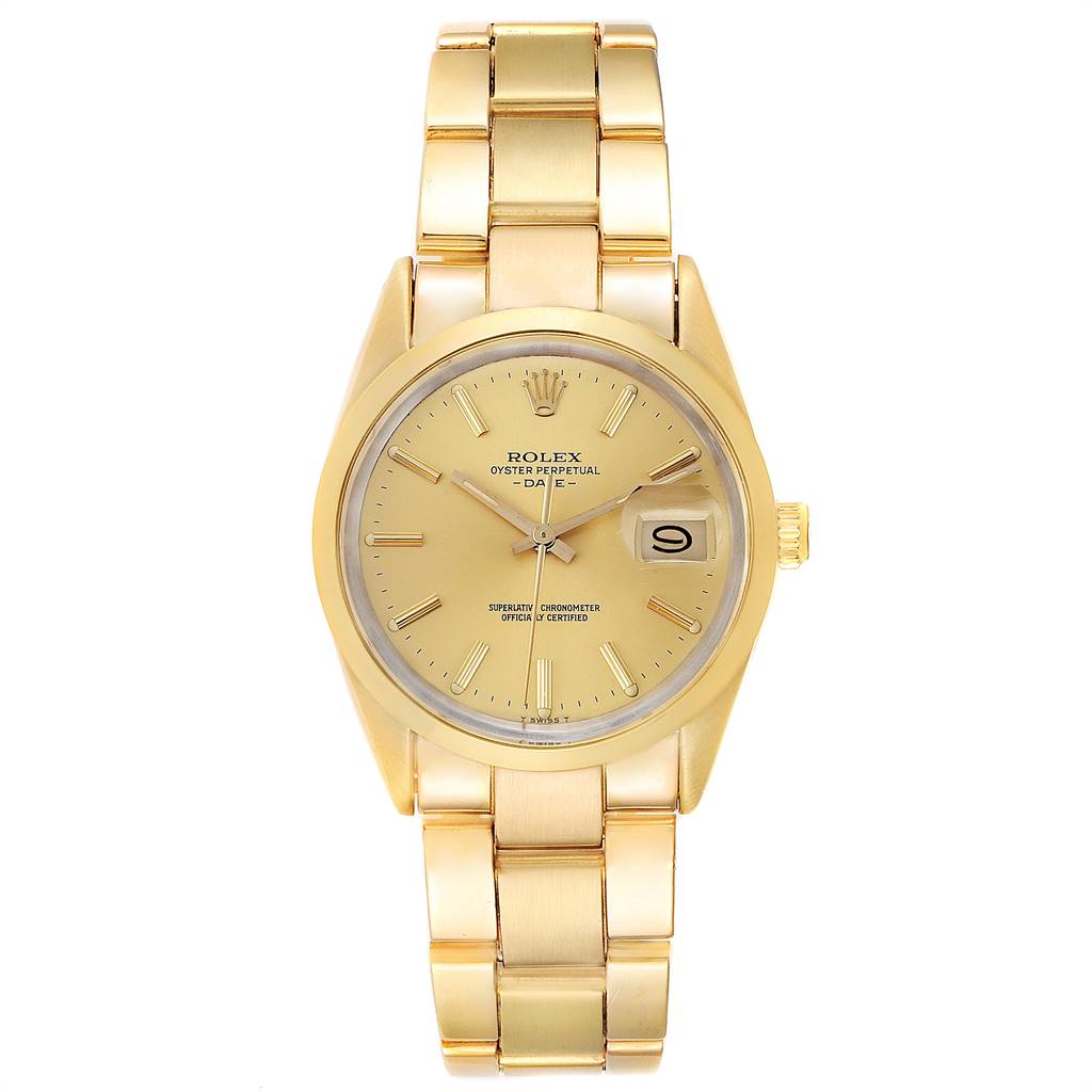 This is a Rolex Vintage Collection 15505 Men
s Champagne Dial 15505 Men
s Champagne Dial model shown from a front angle, displaying its gold bracelet, dial, and date feature.