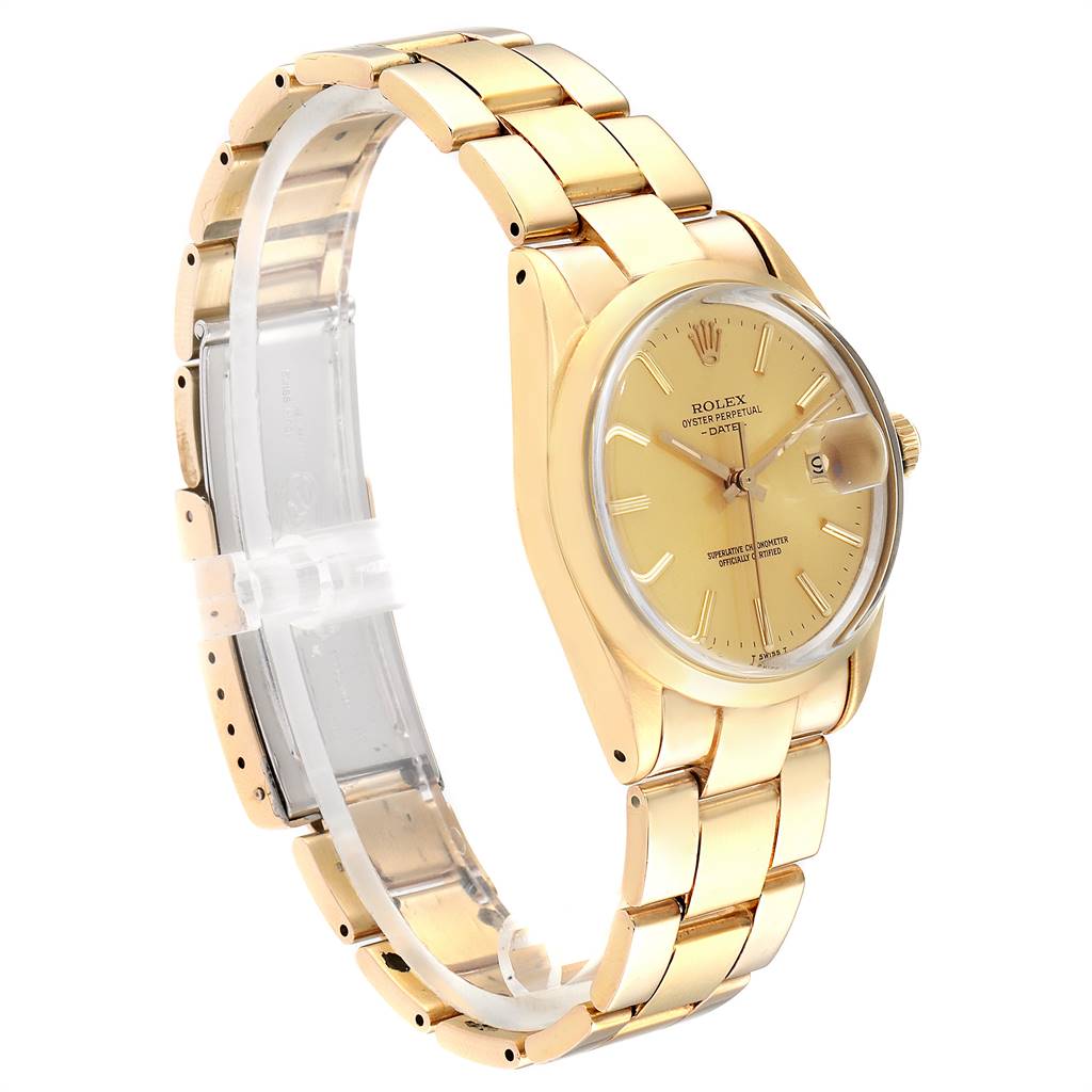 The image shows a side view of a Rolex Vintage Collection 15505 Men
s Champagne Dial 15505 Men
s Champagne Dial watch featuring its gold dial, case, and bracelet.