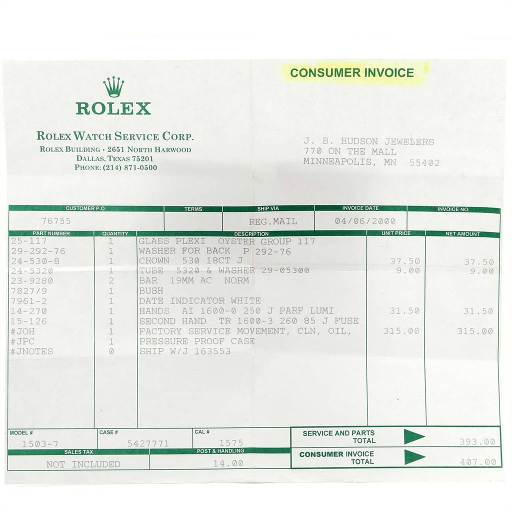 The image shows a consumer invoice for various replacement parts and service for a Vintage Collection Rolex watch.