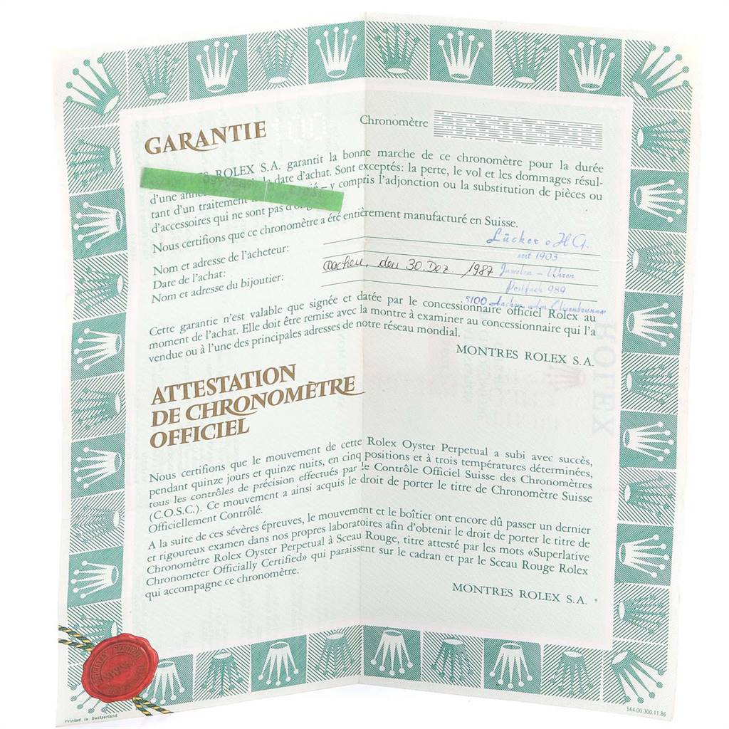 The image shows a warranty and official chronometer certificate for the Rolex Vintage Collection 16013 Men's Stainless Steel Champagne Dial 16013 Men's Stainless Steel Champagne Dial watch.