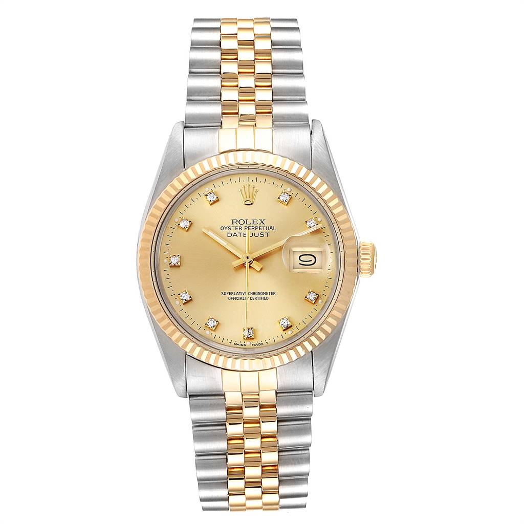 The image shows a front view of the Rolex Vintage Collection 16013 Men's Stainless Steel Champagne Dial 16013 Men's Stainless Steel Champagne Dial model watch, featuring a gold dial, fluted bezel, and a two-tone bracelet.