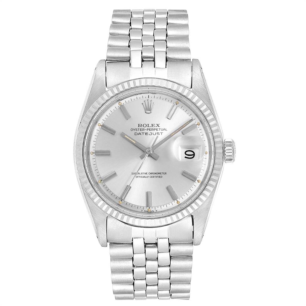 The image shows a front-angle view of a Rolex Vintage Collection 1601 Men
s Stainless Steel Silver Dial 1601 Men
s Stainless Steel Silver Dial Datejust watch, featuring the dial, bezel, and bracelet.