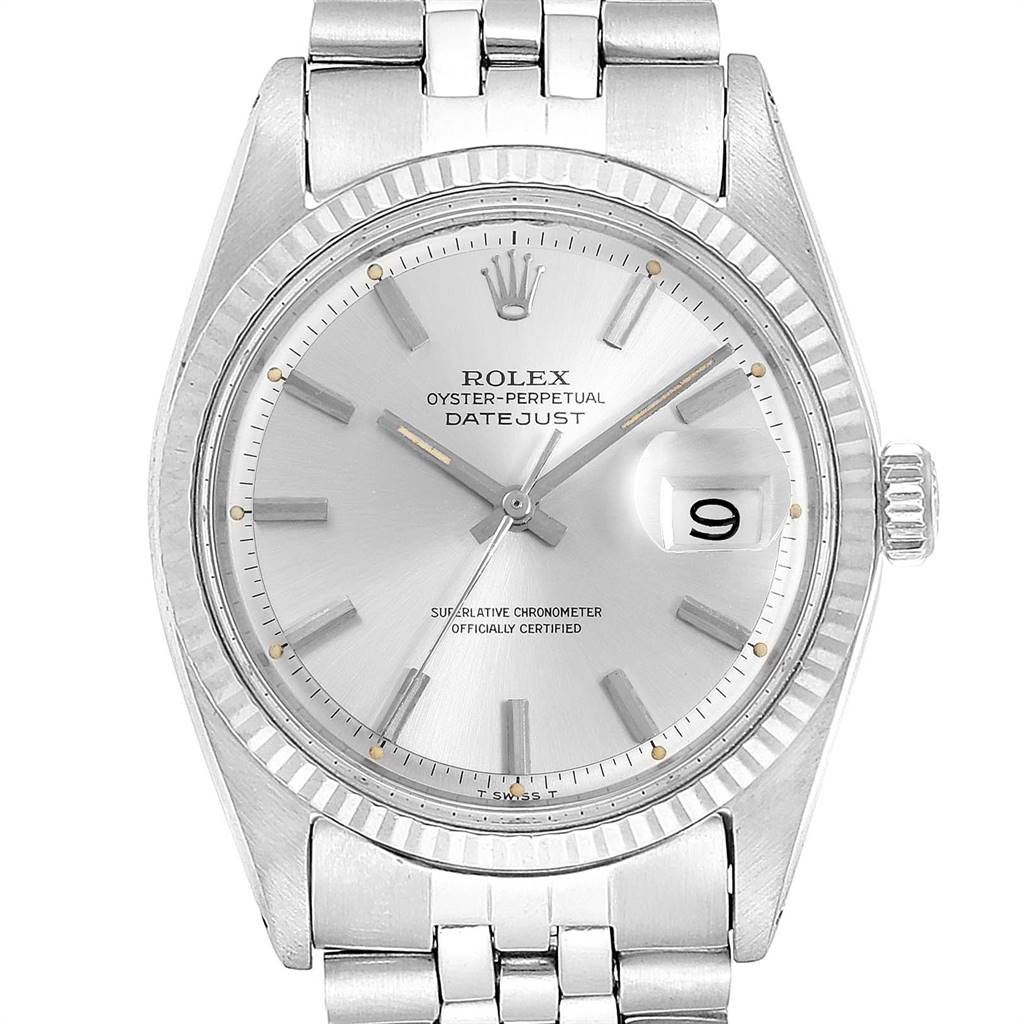 The Rolex Vintage Collection 1601 Men
s Stainless Steel Silver Dial 1601 Men
s Stainless Steel Silver Dial Datejust watch is shown from a front angle, highlighting its dial, crown, and bracelet.