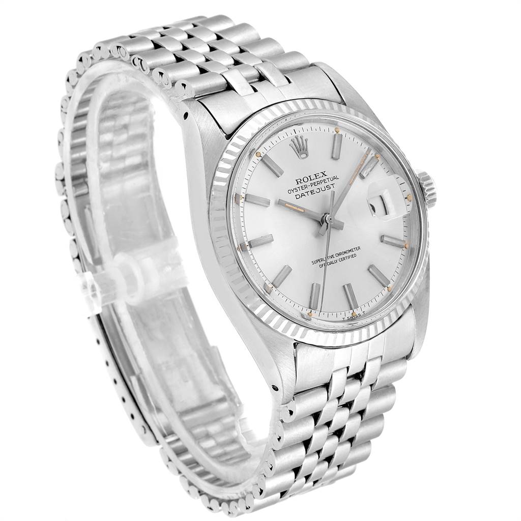 The image shows a Rolex Vintage Collection 1601 Men
s Stainless Steel Silver Dial 1601 Men
s Stainless Steel Silver Dial watch, specifically the face, bezel, crown, and part of the bracelet, at a three-quarter angle.