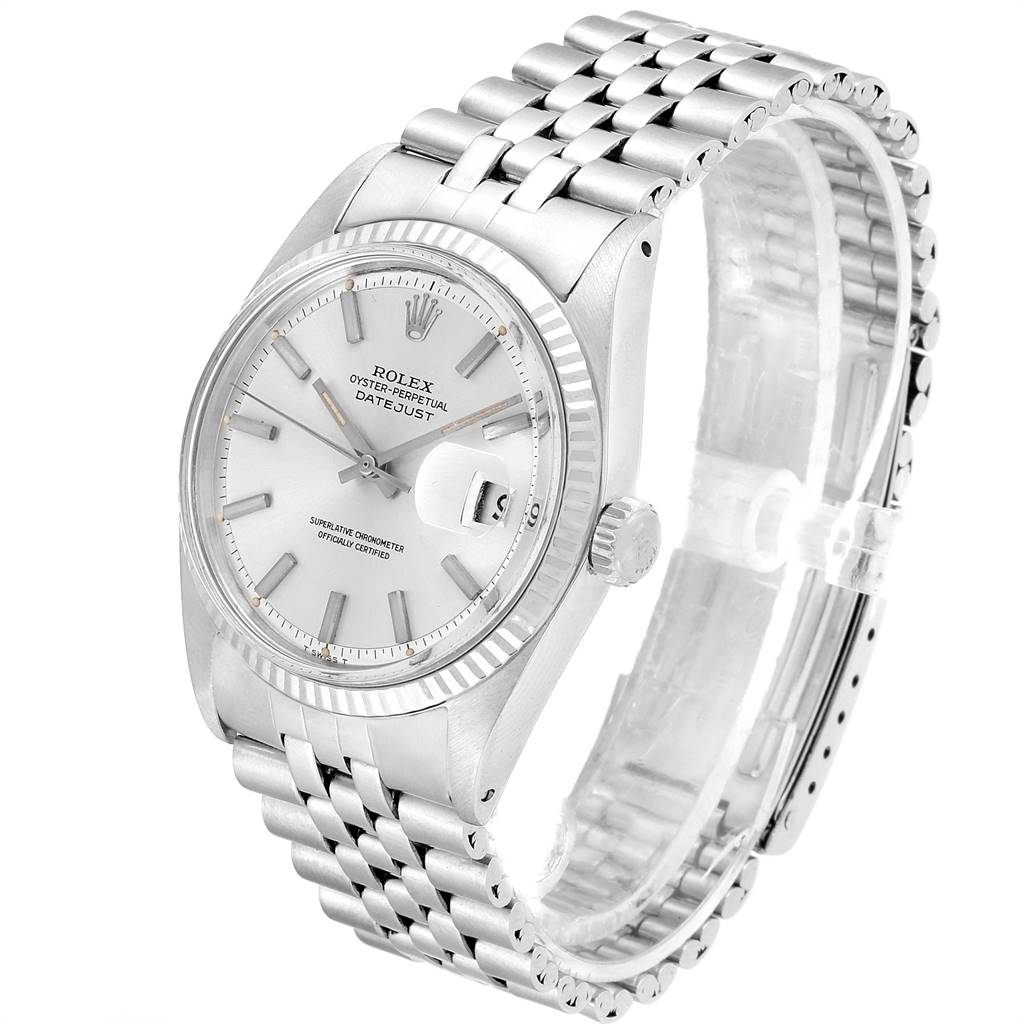 This image shows a Rolex Vintage Collection 1601 Men
s Stainless Steel Silver Dial 1601 Men
s Stainless Steel Silver Dial Datejust watch at an angled front view, displaying its dial, bezel, crown, and the bracelet.