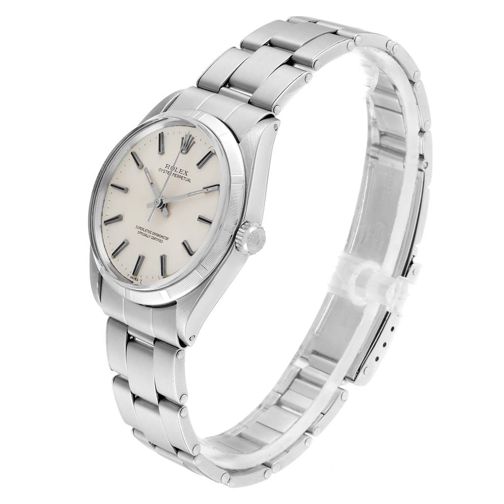 The Rolex Vintage Collection 1003 Men
s Stainless Steel Silver Dial 1003 Men
s Stainless Steel Silver Dial model watch is shown at a three-quarter angle, displaying the face, bezel, case, and metal bracelet.