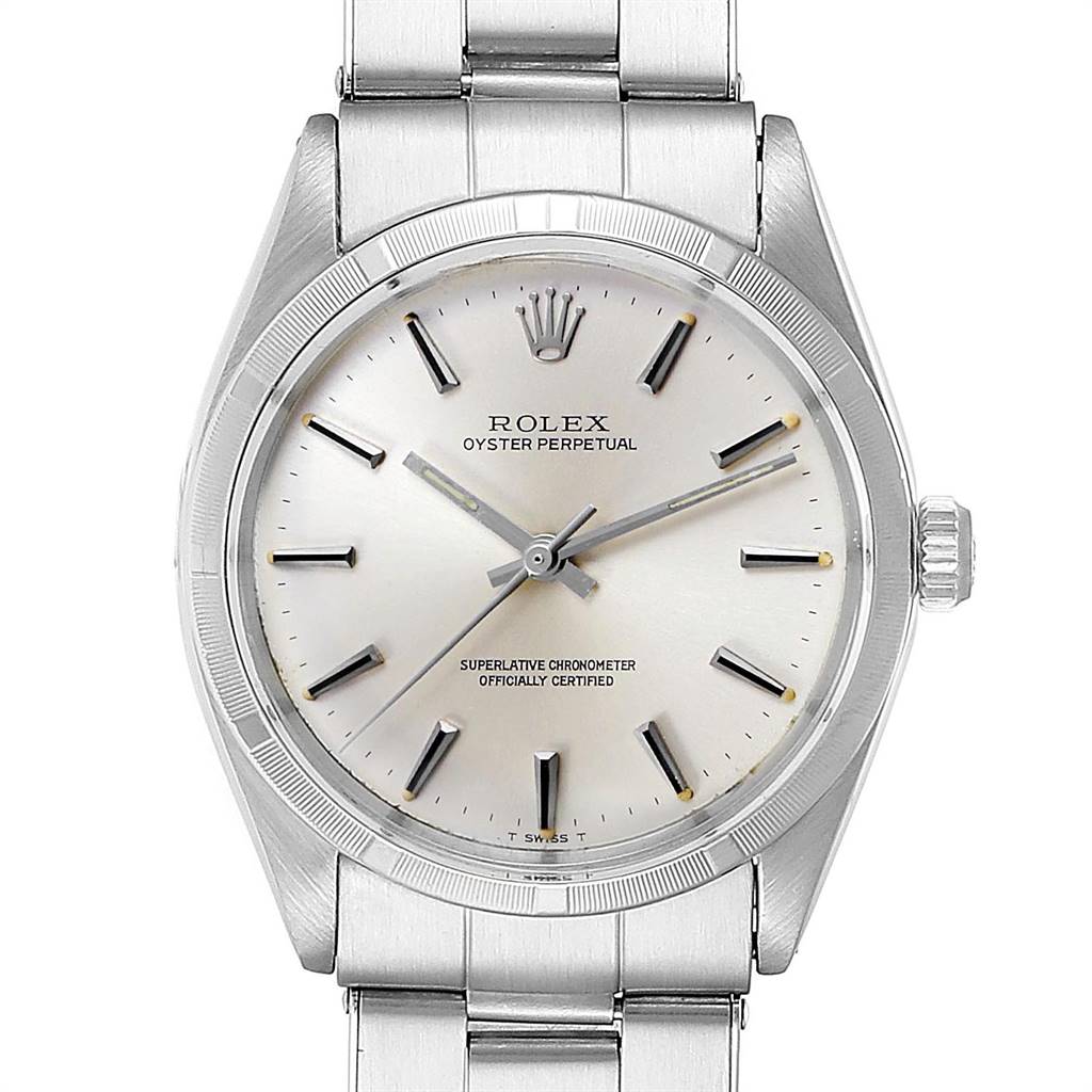 The Vintage Collection model by Rolex is shown from a front angle, featuring its dial, hands, bezel, and part of the bracelet.