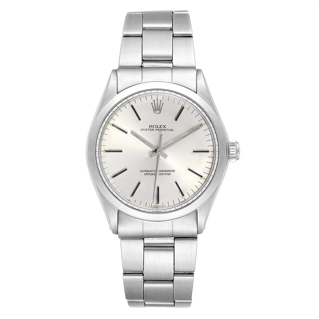 The image shows a front view of the Rolex Vintage Collection 1002 Men
s Stainless Steel Silver Dial 1002 Men
s Stainless Steel Silver Dial model, featuring the watch face and metal bracelet.