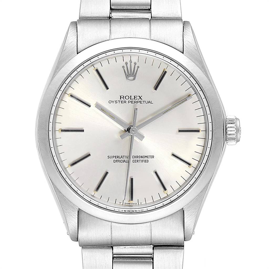 The image shows a front view of a Rolex Vintage Collection 1002 Men
s Stainless Steel Silver Dial 1002 Men
s Stainless Steel Silver Dial watch, highlighting its dial, bezel, crown, and part of the bracelet.
