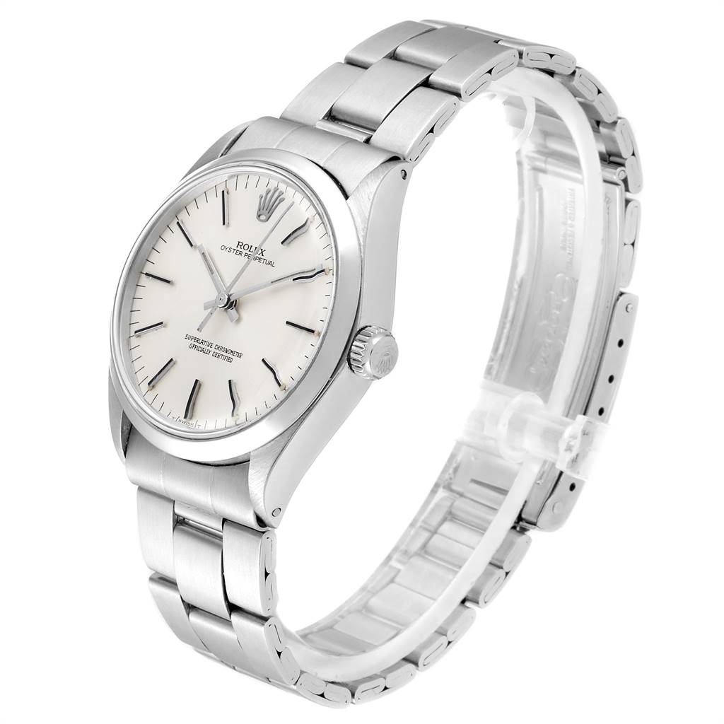 This image shows the Rolex Vintage Collection 1002 Men
s Stainless Steel Silver Dial 1002 Men
s Stainless Steel Silver Dial watch from a slightly tilted angle, displaying the face, bezel, and stainless steel bracelet.