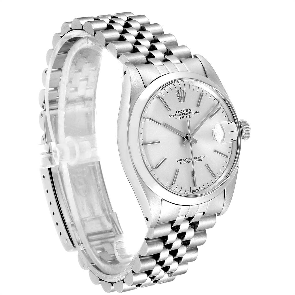 This image shows a Rolex Vintage Collection 1500 Men
s Stainless Steel Silver Dial 1500 Men
s Stainless Steel Silver Dial watch at a slight angle depicting the face, bezel, and stainless steel bracelet.