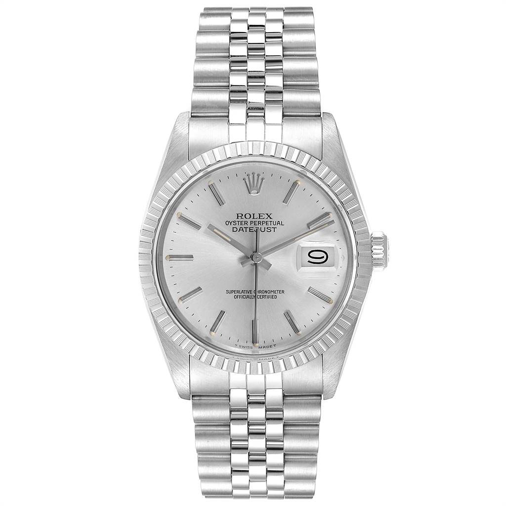 This is a front view of the Rolex Vintage Collection 16030 Men
s Stainless Steel Silver Dial 16030 Men
s Stainless Steel Silver Dial Oyster Perpetual Datejust watch, showing the dial, hands, bezel, and bracelet.